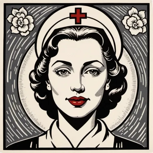 Prompt: A linocut of a female saint in the 1940s, she is a medical doctor from chicago, she always wore red lipstick and wears in a pinup hairstyle. she is the patron saint of dating. please add some medical and dating icons to the linocut and add the words "Saint Beulah" at the bottom.