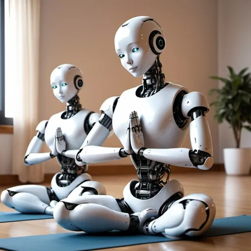 Prompt: Robots practising yoga realistic