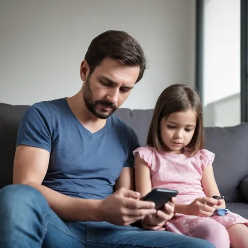 Prompt: A HD representation of parents or guardians with the child. As child is using their phone. This image should be clear representation for child safety from internet