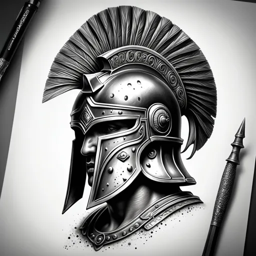 Prompt: Hyper-realistic black and white fine-line tattoo design featuring a classical Roman centurion helmet, battle-worn and richly detailed with precise dot work. The ancient warrior's helmet, facing forward with a slight left turn, showcases intricate stipple detailing and hyperrealistic metallic textures. A traditional gladius sword crosses diagonally over the helmet at a 45-degree angle, its blade bearing meticulous dot work patterns and authentic battle marks. The helmet's transverse crimson plume adds dramatic contrast to the black and gray composition. Surface textures transition from polished highlights to deeply oxidized shadows, with concentrated stipple work around the eye openings and cheek guards. The realistic depth is enhanced by soft side lighting from the upper right, emphasizing the three-dimensional quality of both the ancient helmet and crossed sword. Clean design with no background, perfect for a large-scale realistic tattoo placement.

The artwork combines elements of ancient Roman military history with modern tattoo artistry techniques, balancing bold structural lines with delicate dotwork detailing to create a striking hyperrealistic composition that honors both classical and contemporary aesthetic traditions. The helmet must be empty, just the erosioned helmet and the sword as described 

Hashtags:
#tattoodesign #blackandwhite #hyperrealism #fineline #dotwork #romanhelmet #centurion #gladius #realistic #stippleart #metallic #ancientrome #warriorart #classicalart #antiqueart