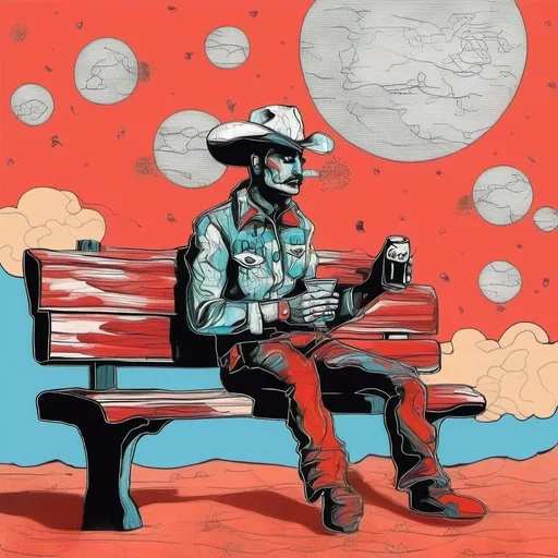 Prompt: Cowboy is sitting on the bench and drinking coke in mars 