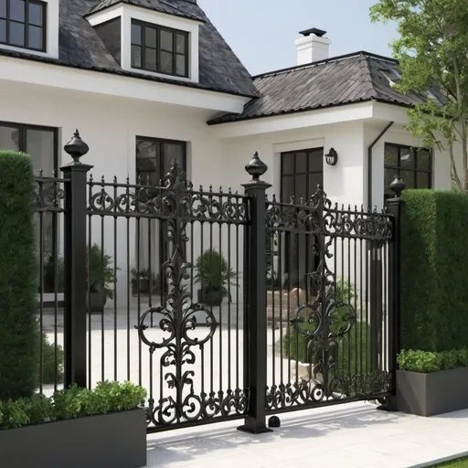 Prompt: Please create a beautiful iron fencing for a terrace with a classic aesthetic that complements the exterior of the luxury house shown in the attached pictures. The fencing should have a height of 110 centimeters and be suitable for a terrace area of approximately 200 square meters, specifically designed for roof gardens. Please provide multiple design designs that align with the classic aesthetic of the house's exterior.