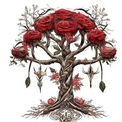 Prompt: Tree of Life growing out of a springboks head with red roses in the branches all in the form of a tattoo. Springbok's head at the bottom of this photo. More like a tree