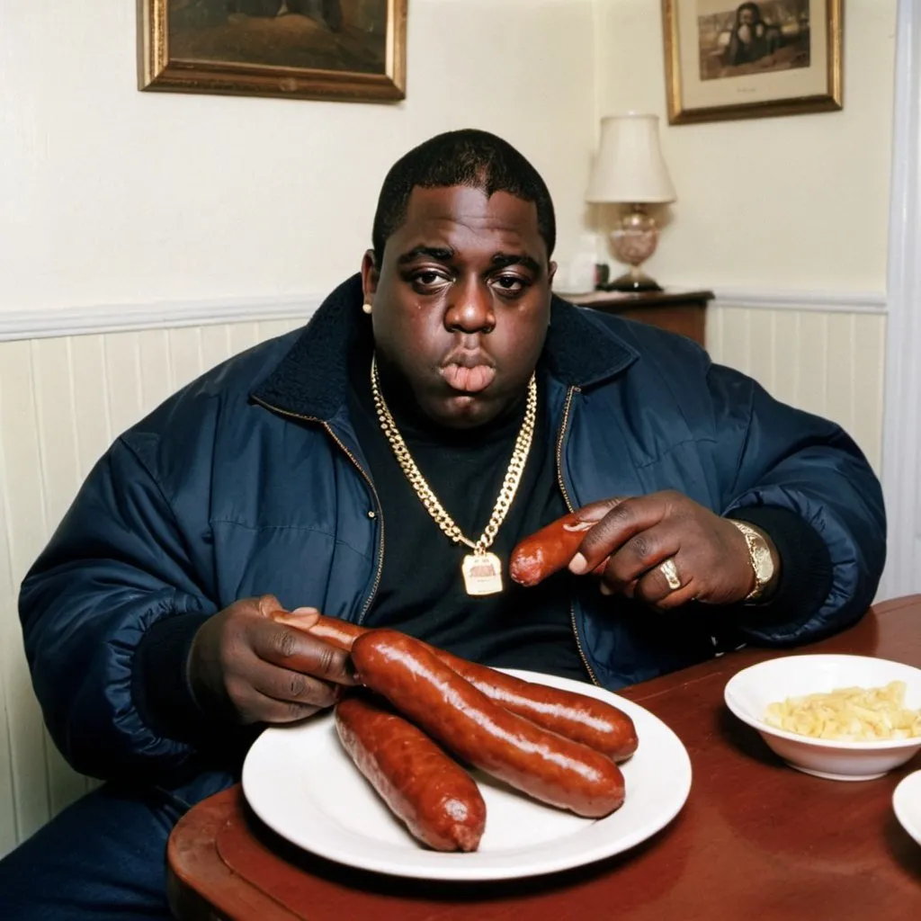 Prompt: Notorious BIG eating sausages in an Irish BNB