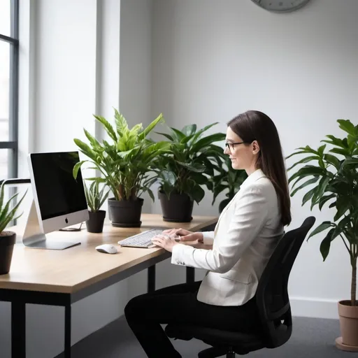 Prompt: a consultant typing on a computer with desk in office with a plant