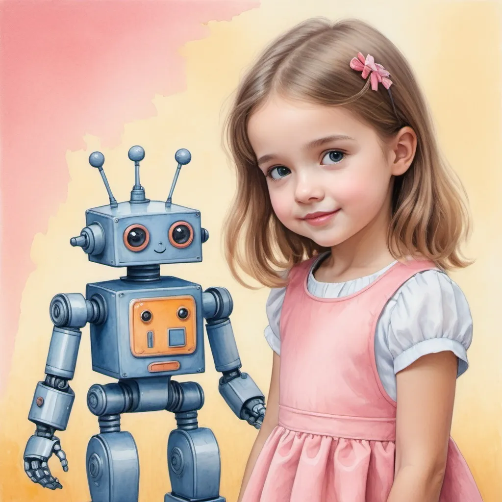 Prompt: Young girl growing up with robot friend