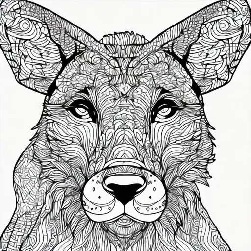 Prompt: Generate an adult coloring book page of animal with high details and lines clearly visible but not so thick. a well defined vector EPS line art. The area surrounding the animals should be filled with abstract elements, such as geometric shapes, patterns, and textures