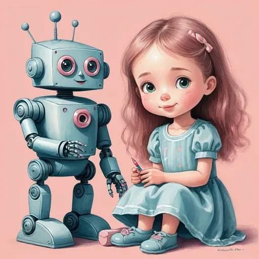 Prompt: Young girl growing up with robot friend