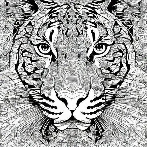 Prompt: Adult coloring book page featuring intricate tiger line art, surrounded by abstract geometric shapes and patterns, high detail, clear but not thick lines, abstract elements, intricate textures, well-defined, professional, high-quality, intricate patterns, geometric shapes, vector art, adult coloring book, artistic details, clear lines