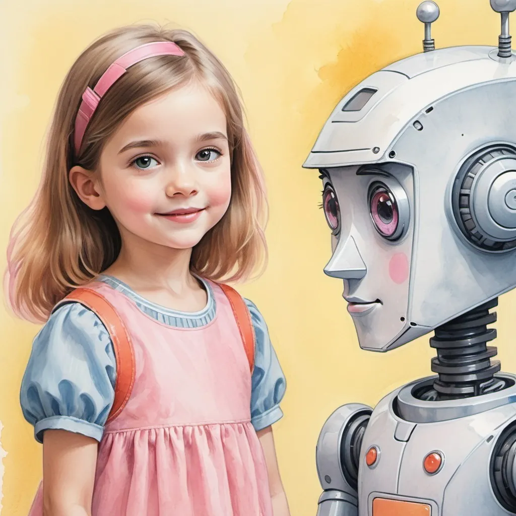 Prompt: Young girl growing up with robot friend