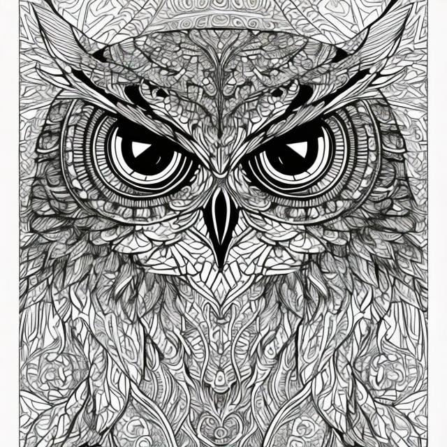 Prompt: Adult coloring book page featuring intricate owl line art, surrounded by abstract geometric shapes and patterns, high detail, clear but not thick lines, abstract elements, intricate textures, well-defined, professional, high-quality, intricate patterns, geometric shapes, vector art, adult coloring book, artistic details, clear lines