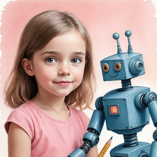 Prompt: Young girl growing up with robot friend