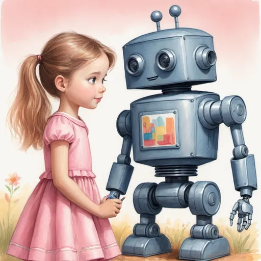 Prompt: Young girl growing up with robot friend