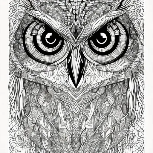 Prompt: Adult coloring book page featuring intricate owl line art, surrounded by abstract geometric shapes and patterns, high detail, clear but not thick lines, abstract elements, intricate textures, well-defined, professional, high-quality, intricate patterns, geometric shapes, vector art, adult coloring book, artistic details, clear lines