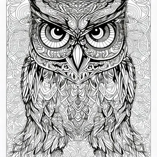 Prompt: Adult coloring book page featuring intricate owl line art, surrounded by abstract geometric shapes and patterns, high detail, clear but not thick lines, abstract elements, intricate textures, well-defined, professional, high-quality, intricate patterns, geometric shapes, vector art, adult coloring book, artistic details, clear lines
