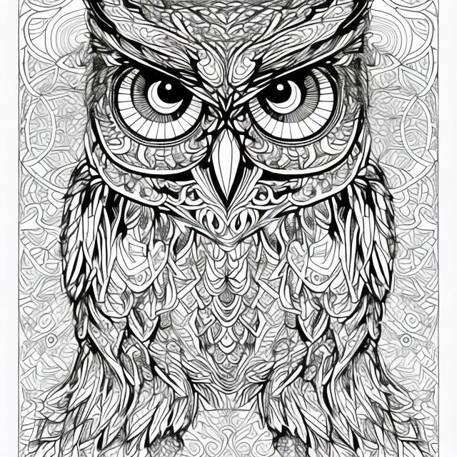 Prompt: Adult coloring book page featuring intricate owl line art, surrounded by abstract geometric shapes and patterns, high detail, clear but not thick lines, abstract elements, intricate textures, well-defined, professional, high-quality, intricate patterns, geometric shapes, vector art, adult coloring book, artistic details, clear lines