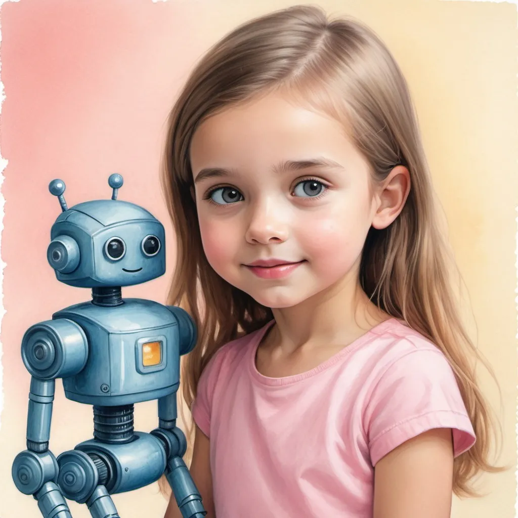 Prompt: Young girl growing up with robot friend