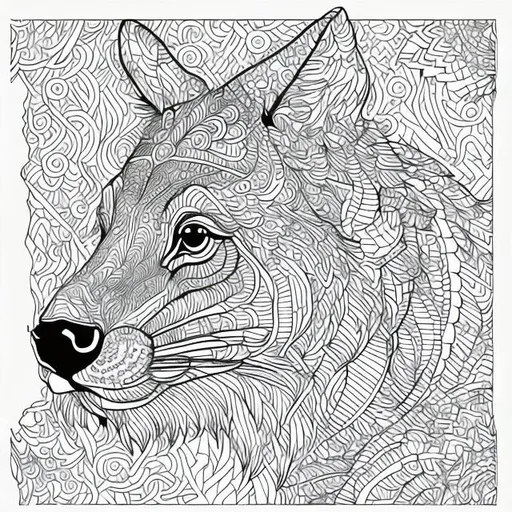 Prompt: Generate an adult coloring book page of animal with high details and lines clearly visible but not so thick. a well defined vector EPS line art. The area surrounding the animals should be filled with abstract elements, such as geometric shapes, patterns, and textures