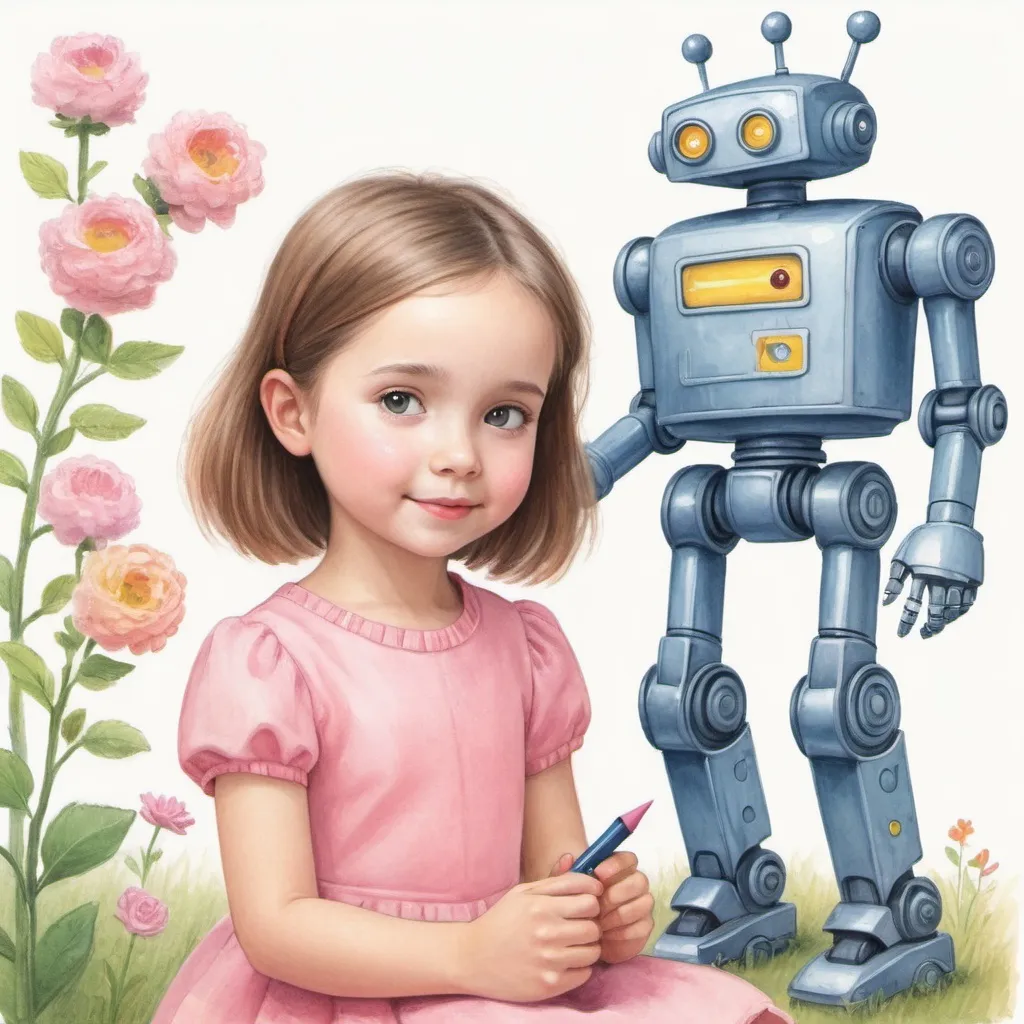 Prompt: Young girl growing up with robot friend