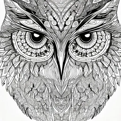 Prompt: Adult coloring book page featuring intricate owl line art, surrounded by abstract geometric shapes and patterns, high detail, clear but not thick lines, abstract elements, intricate textures, well-defined, professional, high-quality, intricate patterns, geometric shapes, vector art, adult coloring book, artistic details, clear lines
