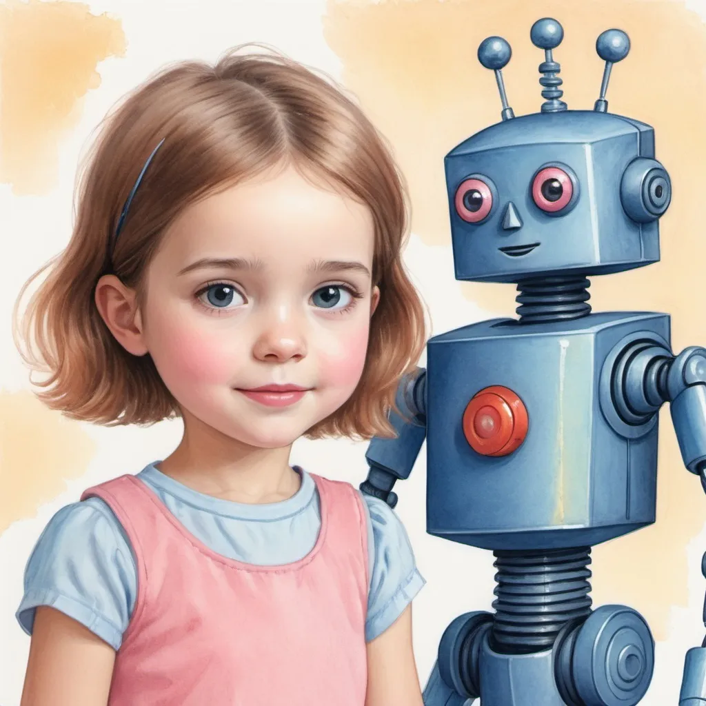 Prompt: Young girl growing up with robot friend