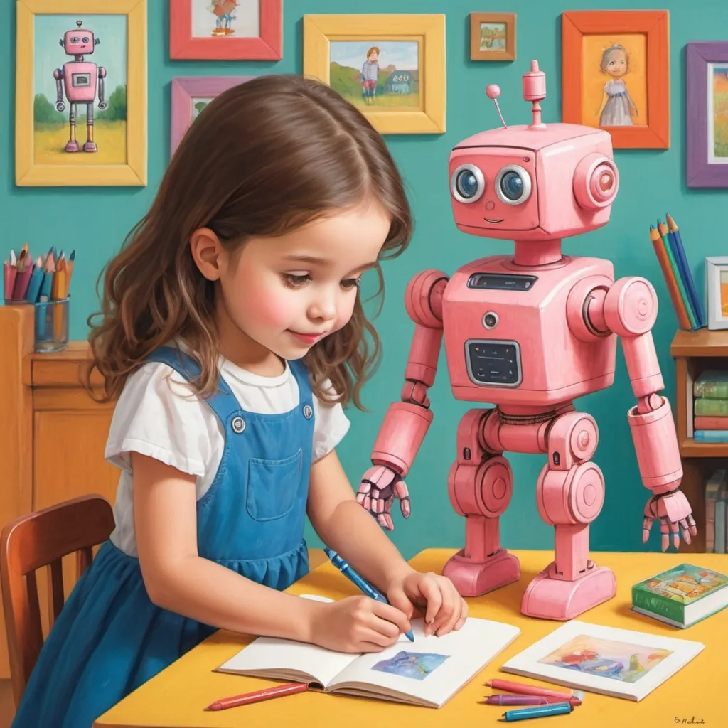 Prompt: Young girl growing up with robot friend