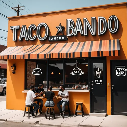 Prompt: cool urban taco shop with black people eating. make a taco sign that reads Taco bando