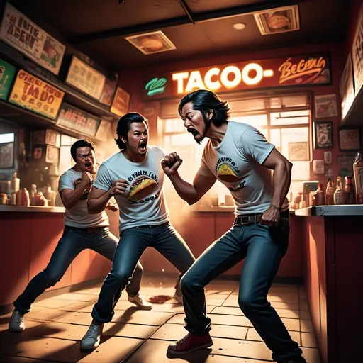 Prompt: (fighting scene), dynamic action, characters wearing shirts with "(accurately spelled text 'Taco Bando')", high energy movement, expressive poses, dramatic musk-colored tones, intense lighting, vibrant atmosphere, cinematic depth, engaging background elements, ultra-detailed, high quality, captured in a bold comic style. make sure to have the fight in a taco shop. have one person sitting down ignoring all the fighting while eating tacos. make it look like real people