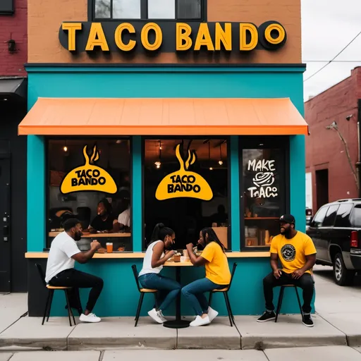 Prompt: cool urban taco shop with black people eating. make a taco sign that reads Taco bando