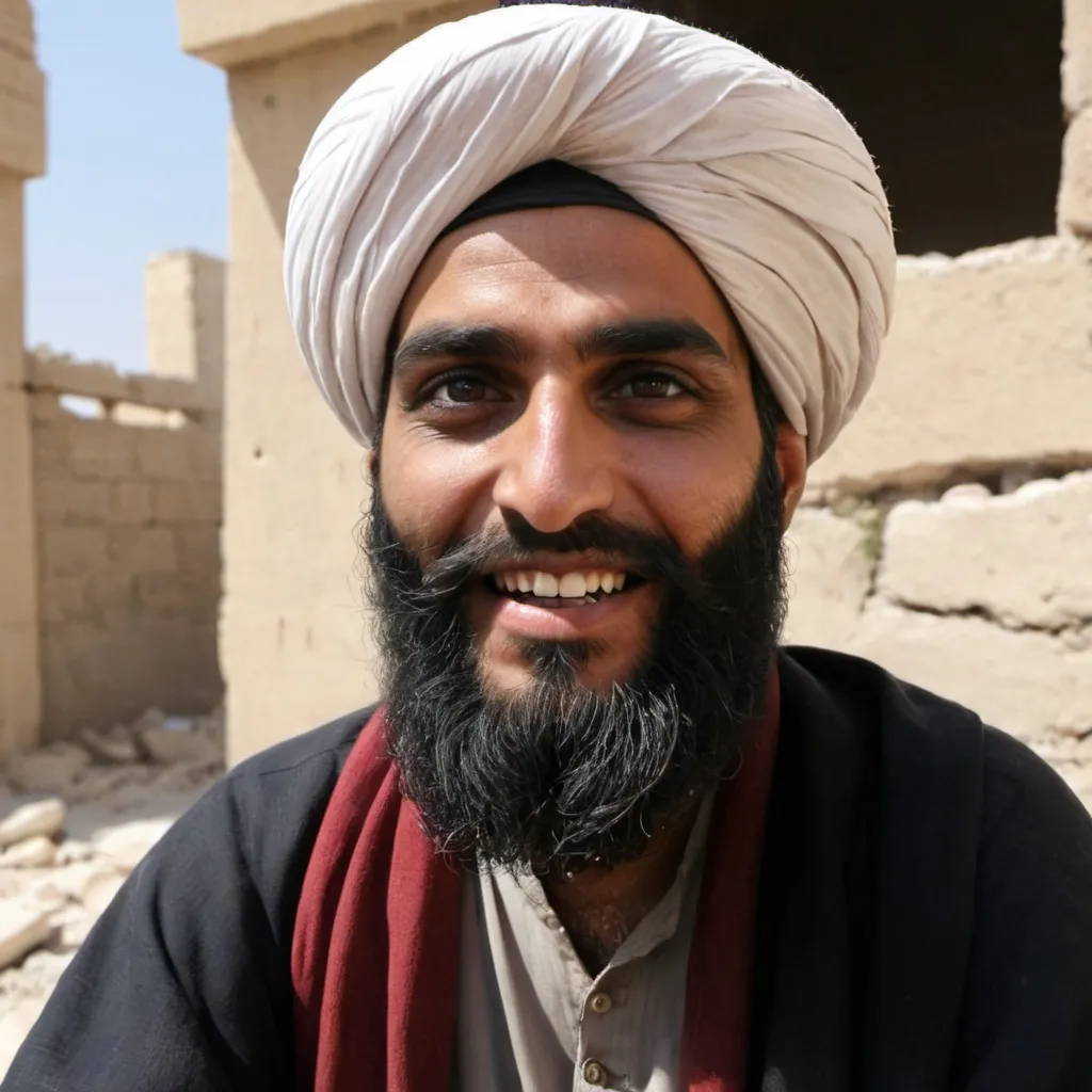 Prompt: A mullah is sitting in the ruins and looking straight ahead with his eyes protruding from the sockets. His turban is black. He touches his beard while drops of blood drip from his beard. His eyes are like a genie. The eyes from the sockets are looking up at him. He has a smile on his face