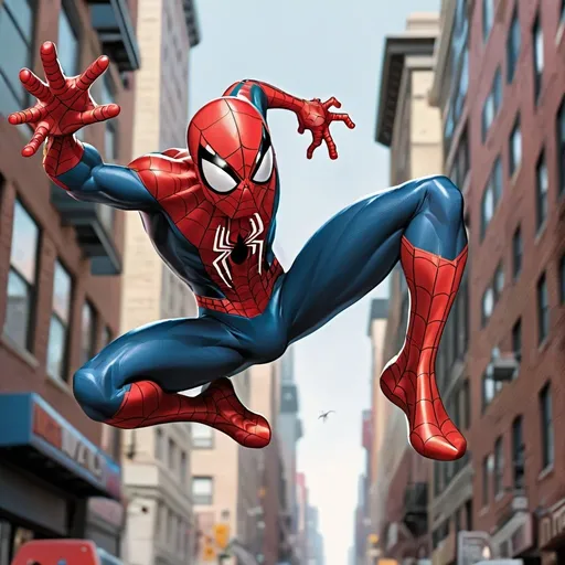 Prompt: Spider man, marvel comics, fly in street