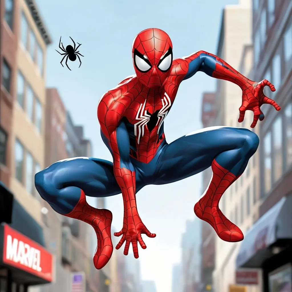 Prompt: Spider man, marvel comics, fly in street