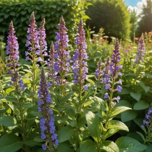 Prompt: A bright beautiful and sunny garden full of Self Heal in bloom