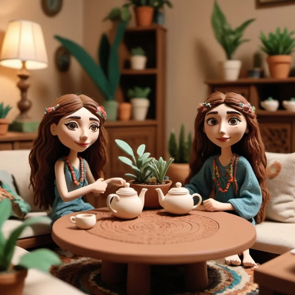 Prompt: claymation scene, Twin adult sisters with brown hair, having a conversation in a boho style living room, each on one side of a coffee table. There is a tea service on the coffee table. Lots of plants in the scene. All made of clay, high quality animated claymation movie