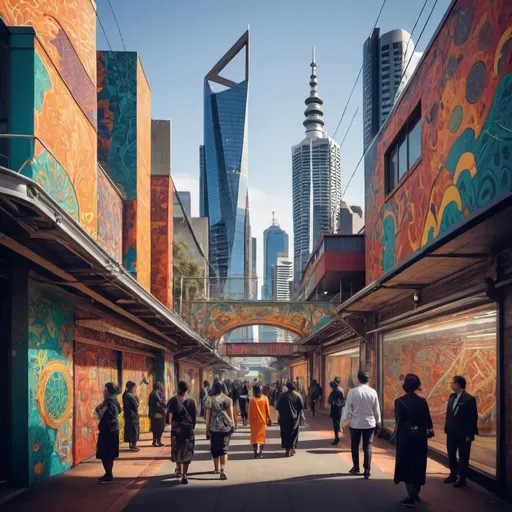 Prompt: A city inspired by Shanghai and Singapore
Based in Melbourne
Extremely futuristic
Blends futuristic with traditional 
Celebrates Australia's Indian and Chinese communities through patterns and colors
Celebrates Melbourne's street art culture
Features the hallmarks of Australia, taking inspiration from aboriginal cultures, landmarks, aussie nature and wildlife
Acknowledges british colonial routes 
Overall, showing a cityscape of a future utopian society where all immigrants cultures are celebrated while paying homage to Aborigines 
