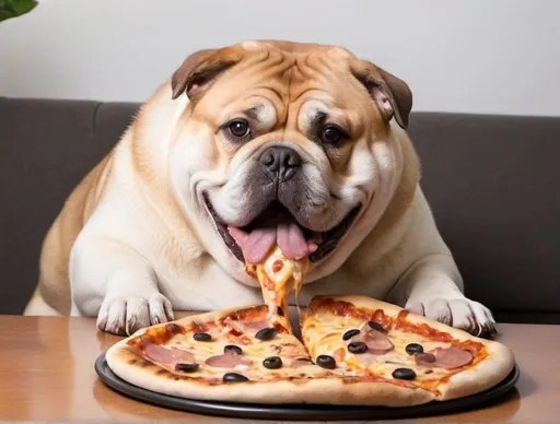 Prompt: a very fat dog eating a pizza