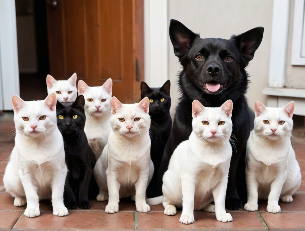 Prompt: a dog with ten cats