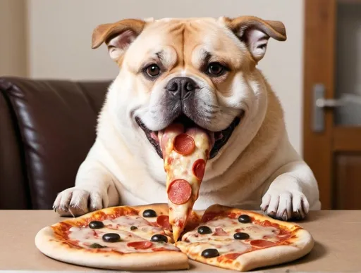 Prompt: a fat dog eating a pizza