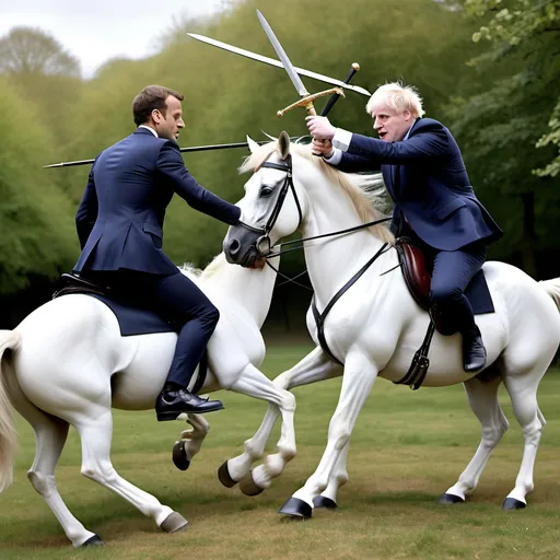 Prompt: Generate how Emmanuel Macron and Boris Johnson fight each other on white horses and have swords in their hands