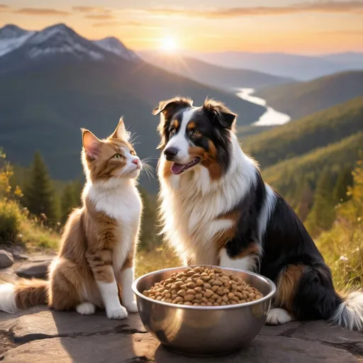 Prompt: make it extra special for her  Australian shepherd dog and Maine coon cat. in the mountain, and golden sunlight filtering through the mountain. As they stroll, reflect on the unconditional love and joy has brought into life. After their walk, Sarah prepares a special meal dry food, and good products The best in every bowl, complete with all his favorite Prowild pet food. The day ends with cuddles on the team as they watch the sunset together, grateful for the bond they share. are placed next to the food bowl. dog and cat looking straight ahead.