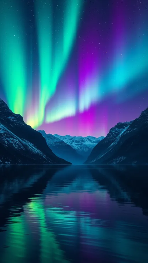 Prompt: (northern lights) breathtaking aurora borealis illuminating the sky, mesmerizing green and purple hues, tranquil fjord reflecting the vibrant colors, surrounded by majestic mountains, serene water surface, starry night ambiance, gentle ripples in the water, ultra-detailed, cinematic beauty, magical atmosphere, high-quality, immersive scenery.