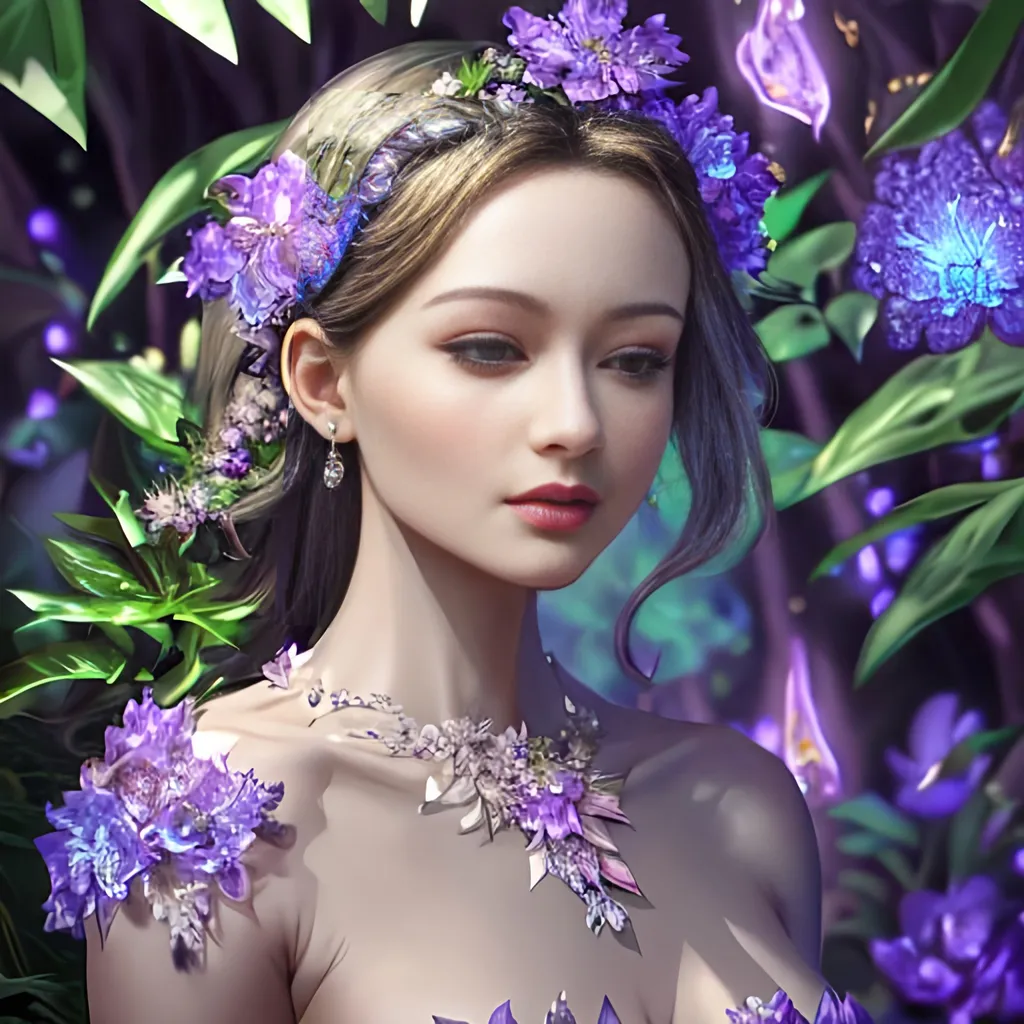 Prompt: ((Breathtaking high quality)) ((photorealistic digital art portrait)) of an elegant beautiful woman, in an elegant standing pose facing the camera, a fusion of ((floral)) and ((diamond)) elements, wandering through an enchanted forest of mildly bioluminescent trees and plants in the background. This beautiful woman, with a body covered in lush foliage and detailed artistic flowers, has bright blue attractive eyes with self confidence. It explores the surreal landscape, a realm where nature and technology coexist harmoniously. Delicate flowers intertwined with polished metal vines form a fascinating, intricate pattern on the creature's skin, dark background, Hyper detailed, Artstation, UHD 4k wallpaper, by Roger Dean, Josephine Wall, H.R. Giger, and Daniel Lieske, Pinterest model portrait.