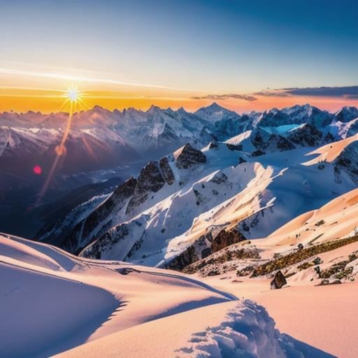 Prompt: View from Himalayas mountain tops, beautiful landscape, masterpiece, lovely colors, mountain tops covered with snow, sunset with the sun above the distant mountains, 4k ultra HD, hyperrealistic, highly detailed 