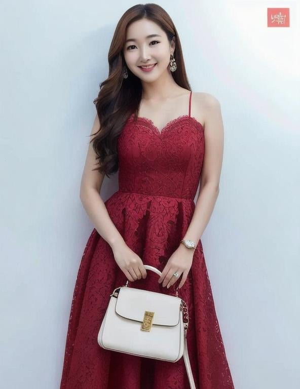 Prompt: Beautiful girl Park min-young, wearing red dress, stylish, elegant, smiling, hyperrealistic, highly detailed 