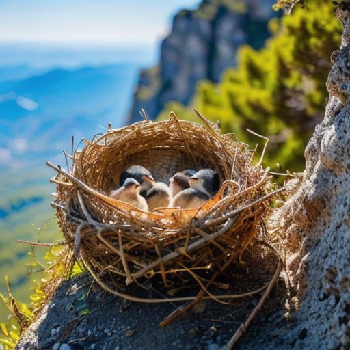 Prompt: Hyperrealistic photo of a bird nest on a mountain cliff with blue sky background. Two infant birds hidden inside the nest opening their mouth waiting for food from the parent bird standing by the side of the nest to feed them. Hyperrealistic, highly detailed. 