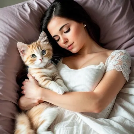 Prompt: A small ragdoll kitten lying in bed quietly next to a beautiful woman, hyperrealistic, highly detailed 
