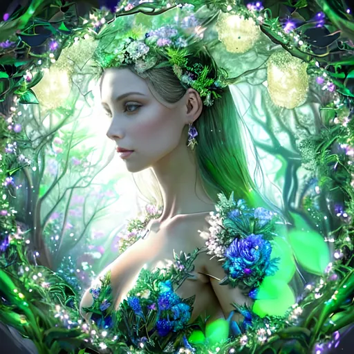 Prompt: ((Breathtaking high quality)) ((photorealistic digital art portrait)) of an elegant beautiful woman, a fusion of ((floral)) and ((diamond)) elements, wandering through an enchanted forest of bioluminescent trees and glowing plants in a circle on the side of the photo.. This beautiful woman, with a body covered in lush foliage and detailed artistic flowers, has crimson attractive eyes that emit a soft, mesmerizing light. It explores the surreal landscape, a realm where nature and technology coexist harmoniously. Delicate flowers intertwined with polished metal vines form a fascinating, intricate pattern on the creature's skin. High detail, UHD 4k wallpaper, by Roger Dean, Josephine Wall, H.R. Giger, and Daniel Lieske, Pinterest model portrait.