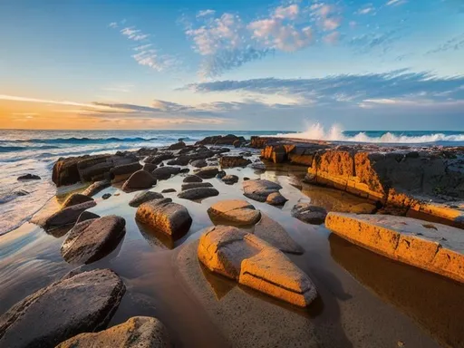 Prompt: Rock beach, splashing wave, Sunset background, clear sky, vivid color, hyperrealistic, highly detailed 