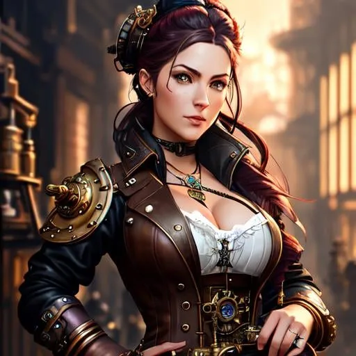 Prompt: Professional painting of a beautiful steampunk weaponsmith woman, steampunk outfit and accessories, hyperrealism, photorealistic, 8k, unreal engine --ar 9:16 --niji 5 --style expressive --s 400, by Jeremy Mann, Rutkowski, and other Artstation illustrators, intricate details, face, full body portrait, headshot, illustration, UHD, 4K
