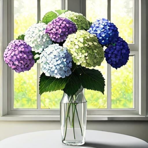 Prompt: Multicolor Hydrangeas in a very tall  straight white tube vase, set on a modern dull Grey cement texture table, morning light filtering through the windows showing green garden view, highlighting the delicate petals and vivid colors, professional, highly detailed, oil painting style, 